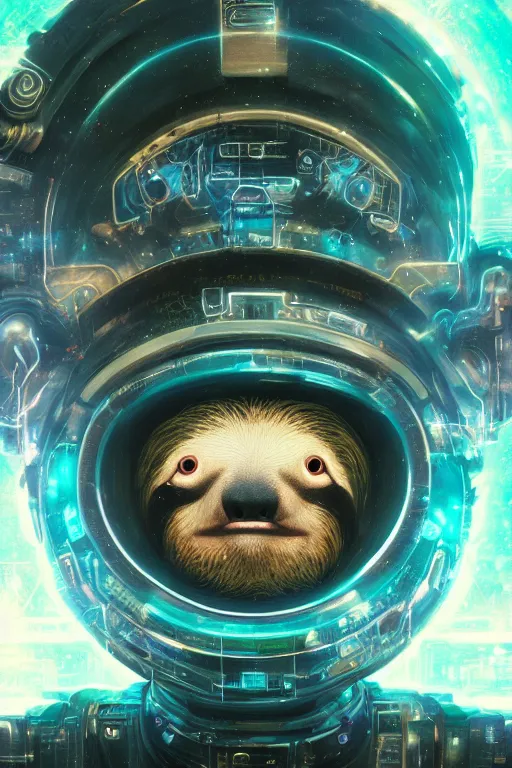 Prompt: portrait of a sloth, celestial. intricate abstract. cyberpunk, vhs glitch. glorious cosmic helmet. intricate artwork. immaculate. holy. empty oxygen tank. by wlop, Antoine Collignon, dan mumford. octane render, CGSociety, dan witz very coherent symmetrical artwork. cinematic, hyper realism, high detail, octane render, 8k, iridescent accents, deep color