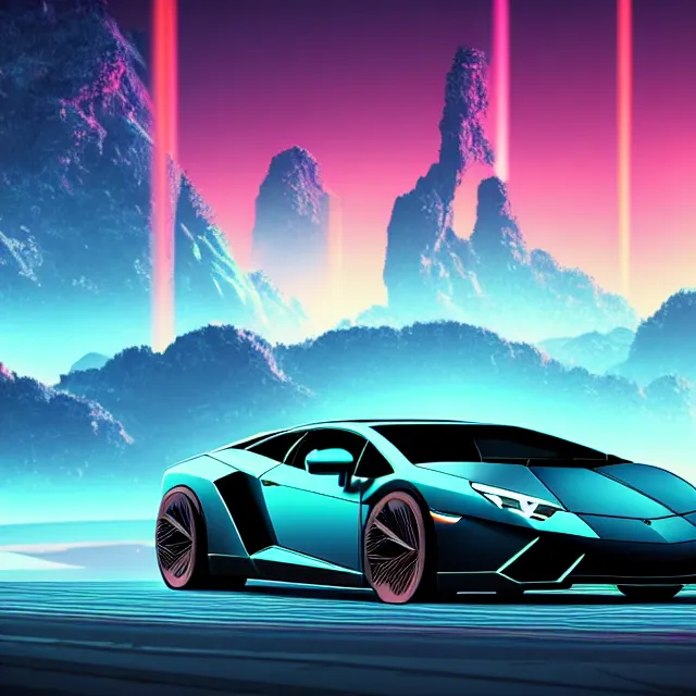 Prompt: epic digital art of faint tall mountains in background,, photorealistic synthwave lamborghini driving through futuristic glowing tron movie towers, wlop, pixiv
