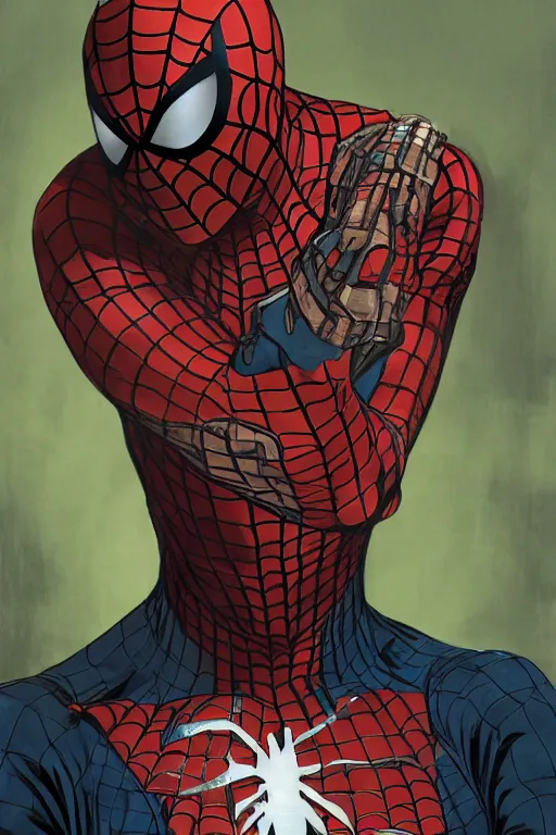 Image similar to upper body and head portrait of ray winstone as spiderman against simple background, by alex ross and jack kirby and sergey kolesov and jason fabok and lawrence alma tadema and norman rockwell and greg staples and rick berry and jeremy man