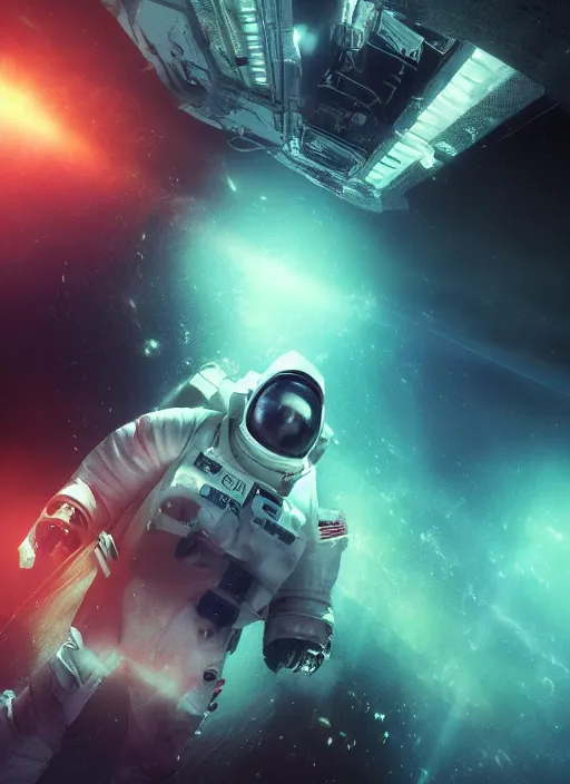 Prompt: complex poster art by craig mullins astronaut in futuristic dark and empty spaceship underwater. infrared glowing lights. complex and hyperdetailed technical suit. reflection and dispersion materials. rays and dispersion of light. volumetric light. 5 0 mm, f / 3 2. noise film photo. flash photography. octane render. interstellar movie poster