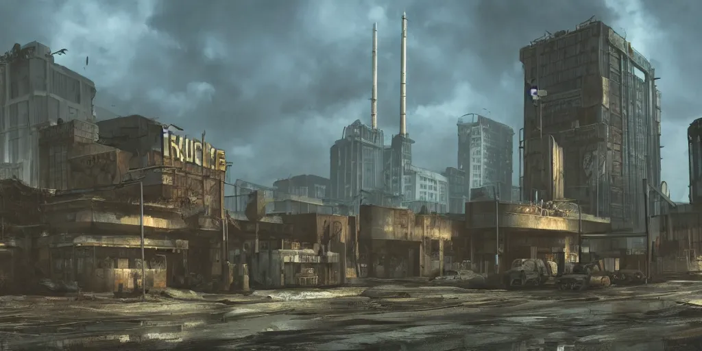 Image similar to fallout concept art neodeco singular building render grim realistic lighting unreal engine 5