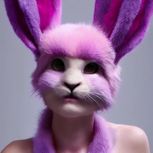 Image similar to bunny furry, pink fur, purple fluffy hair on top of head, anime style