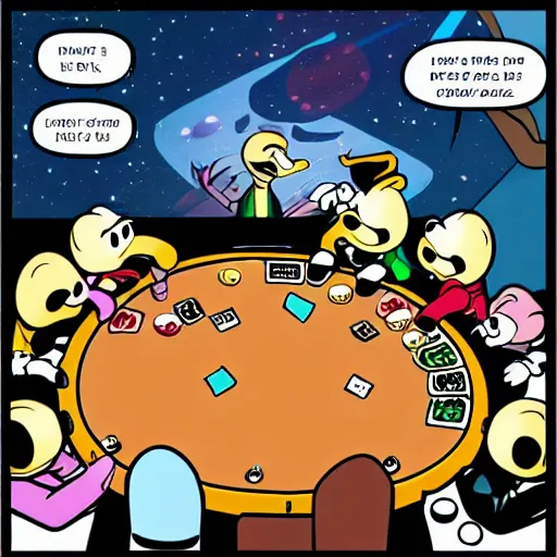 Prompt: ducks are playing poker, poker table is in outer space, walt disney comics style