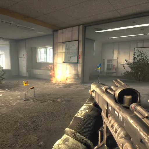 Image similar to screenshot from videogame, call of duty, inside primary school