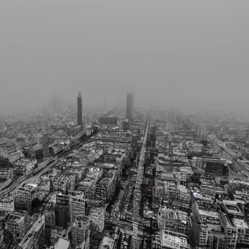 Image similar to a black and white medium shot of a foggy city heavy contrast selective exposure dark heavy black