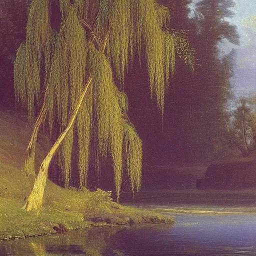 Image similar to oil painting of a willow tree next to a river by albert bierstadt, beautiful lighting - h 7 0 4