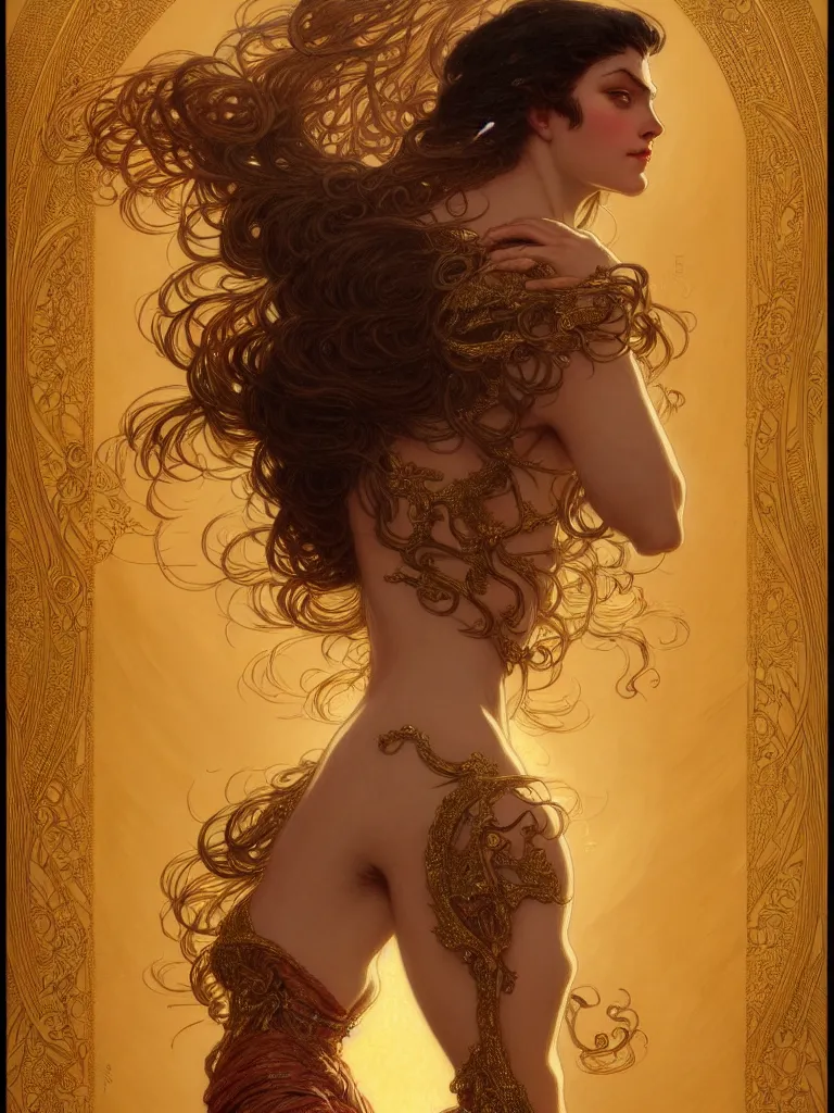 Image similar to character portrait of a woman, tall, feminine, powerful, modestly clothed, voluminous, intricate, elegant, highly detailed, digital painting, artstation, smooth, symmetrical, sharp focus, illustration, art by gaston bussiere and alphone mucha