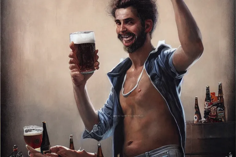 Image similar to a young man holding a beer giving a thumbs up with a long beard, airbrush painted, 80s poster, detailed, uncropped, painted by Bastien Lecouffe-Deharme