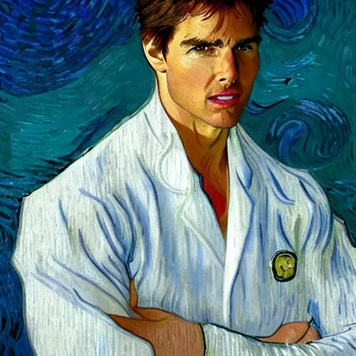 Image similar to Tom Cruise in white lab coat by Van Gogh