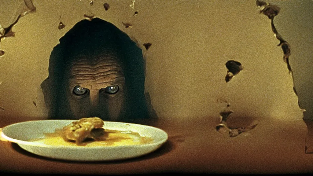 Image similar to the face with the plate of food under my bed, film still from the movie directed by denis villeneuve and david cronenberg with art direction by salvador dali and zdzisław beksinski, wide lens