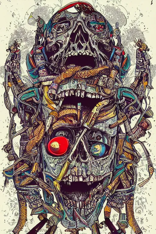Image similar to taliban anarchy. symmetrical anatomy, very detailed design, complexity of the picture, with pop punk style, colorful, accompanied by body, pure image without duplication, dribble popular, drawn by vinicius gud and gustavo zambelli, intricate, hdd