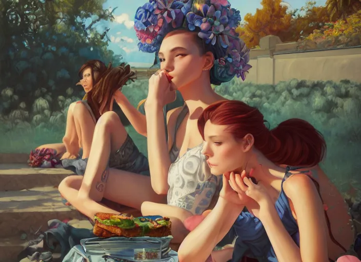 Prompt: beautiful painting of a chill day in summer, by Gerald Brom, James Jean, Krenz Cushart, Yuumei, Death Burger. trending on Artstation, 8k, masterpiece, graffiti paint, fine detail, full of color, intricate detail, golden ratio illustration