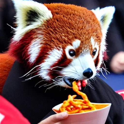 Image similar to red panda eating takis at the super bowl