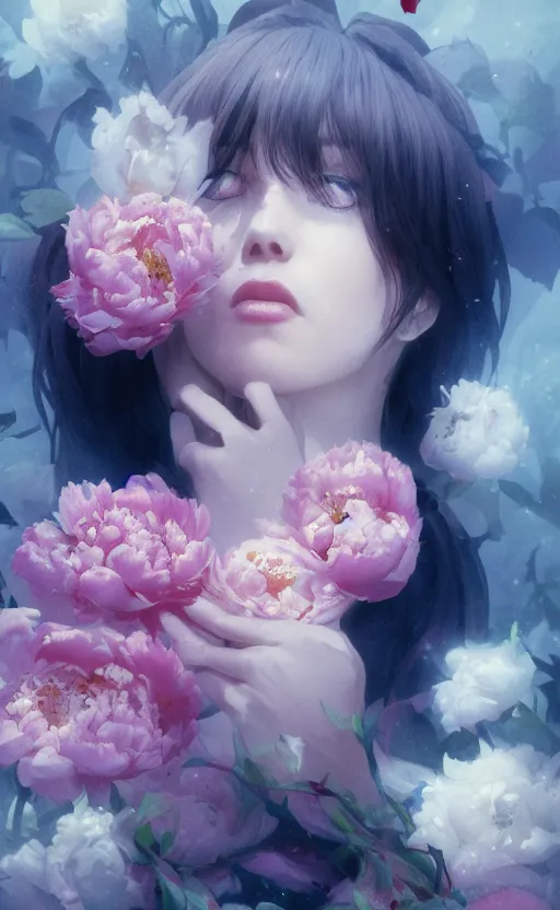 Image similar to bestselling movie poster, official media,a cinematic beautiful closeup moment of saying goodbye with peonies, simple form, brutal shapes, shaman, pixiv, 1970s fashion, official anime media, cinematic lighting, artstation consept artwork by doja cat, charlie bowater, waterhouse, ,greg rutkowski, wong kar wai