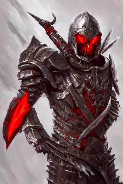 Prompt: concept art, warrior in armor made of bones holding red blade, necromancer, high quality 3D render, concept art, ryan meinerding, 4K, UHD, High quality, Trending on Artstation HQ