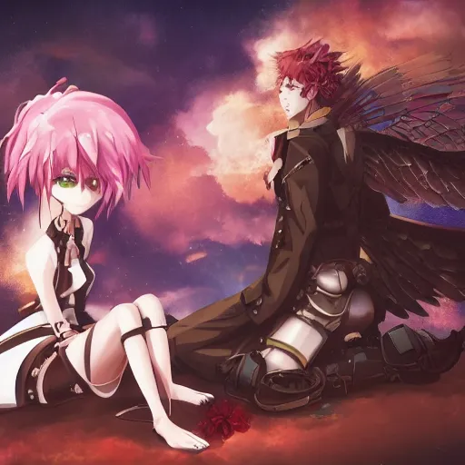 Prompt: robotic steampunk anime girl with steampunk wings sitting next to a guy with red hair in front of a tree, extremely detailed, cinematic lighting, vast landscape background, clouds, flowers,