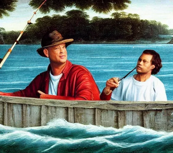 Prompt: Tom hanks as forrest gump fishing for shrimp in a giant shrimp boat, realistic face, renaissance painting, amazing detail