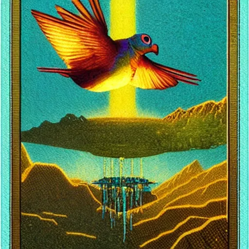 Prompt: holographic symetrical deepfried mountain range triangle pigeon nectar date chablis , by Lawren Harris and Esao Andrews and Bruce Pennington , seapunk , tarot card , #pixelart