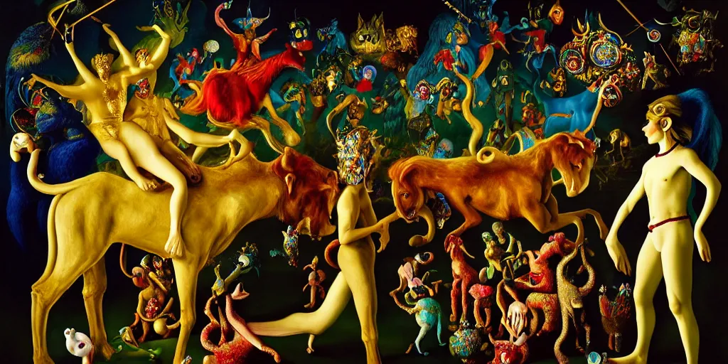 Prompt: the three imaginary fates pleasure dream adventure imaginary mythical animals love abstract oil painting by gottfried helnwein pablo amaringo raqib shaw zeiss lens sharp focus high contrast chiaroscuro gold complex intricate bejeweled