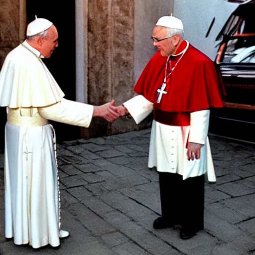 Prompt: pope john paul the second shaking hands with elmo from the sesame street