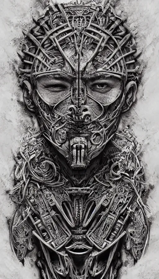 Image similar to ancient biomechanical hybrid aztec fantasy beautiful shaman symmetrical human face immortal mask tattoo pattern concept, teonanacatl glyph, intricate artwork by, Johnatan Wayshak, Zdizslaw Beksinski, face by Artgerm, H.R. Giger, very coherent artwork, cinematic, hyper realism, high detail, octane render, unreal engine, 8k, High contrast, higly detailed black ink outline, crosshatch sketch gradient