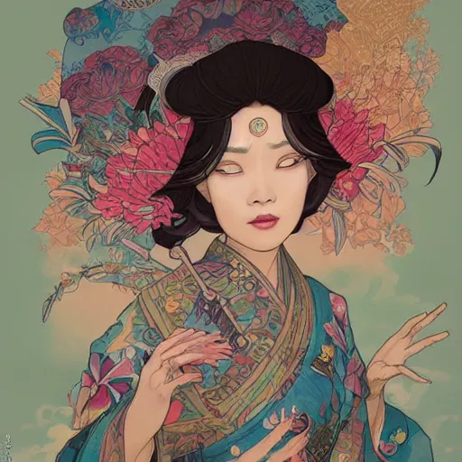 Prompt: asian princess portrait, with a flower kimono, stylized illustration by peter mohrbacher, moebius, mucha, victo ngai, colorful comic style