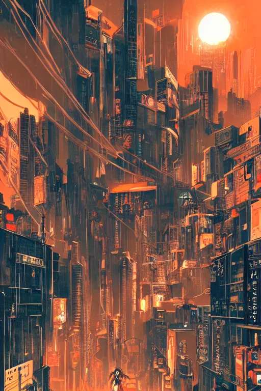 Image similar to cyberpunk illustration by shigenori soejima, street gang, concept art, intricate cyberpunk city, orange overlooking city