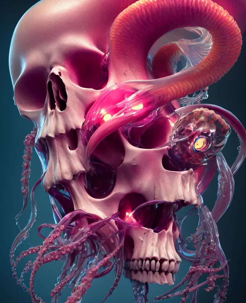 Image similar to goddess close - up portrait human skull, ram skull, squid phoenix jellyfish, orchid, betta fish, bioluminiscent, intricate artwork by tooth wu and wlop and beeple. octane render, trending on artstation, greg rutkowski very coherent symmetrical artwork. cinematic, hyper realism, high detail, octane render, 8 k