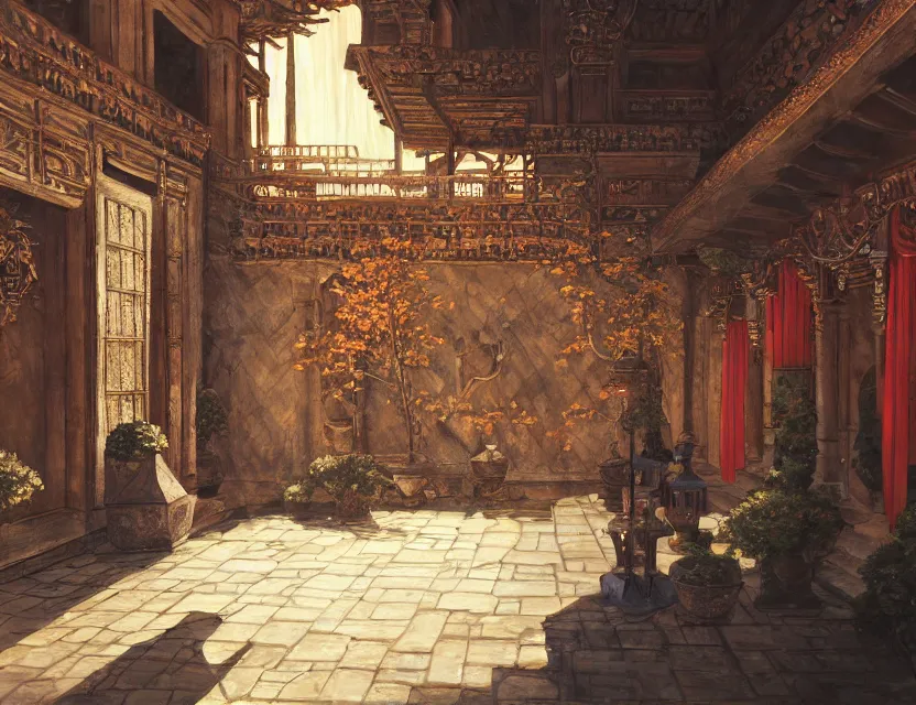 Prompt: great banquet in the palace courtyard. this oil painting by the award - winning mangaka has a beautiful composition, great sense of depth, dramatic lighting and intricate details.