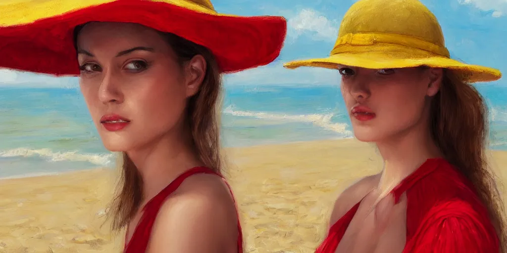 Image similar to beautiful oil matte portrait painting, young woman with red dress and mustard yellow summer hat at a beach on a sunny day, wonderful masterpiece highly detailed, beautiful cinematic light deep focus, elegant, digital painting, smooth, sharp focus, golden ratio, dramatic illumination, ultra realistic, 8 k, art by jimmy law