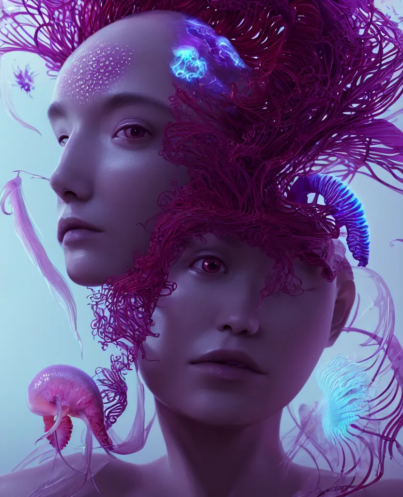 Image similar to goddess close-up portrait. orchid jellyfish phoenix head, nautilus, skull, betta fish, bioluminiscent creatures, intricate artwork by Tooth Wu and wlop and beeple. octane render, trending on artstation, greg rutkowski very coherent symmetrical artwork. cinematic, hyper realism, high detail, octane render, 8k