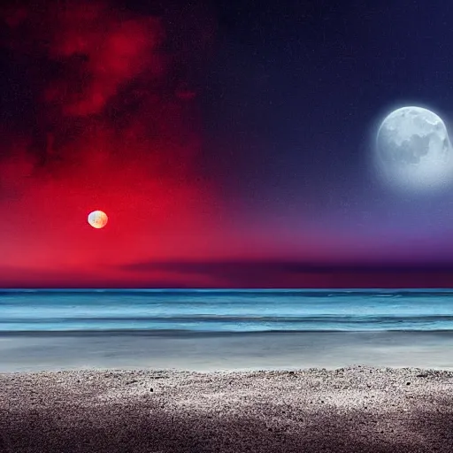 Prompt: a desolate beach of ash with an ocean of blood, night time with the moon in the sky, 4k digital art