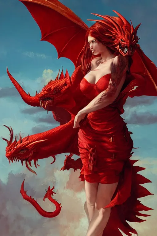 Image similar to Red hair woman in a sundress with a red dragon ,by Jaime Jones, Raymond swanland, Ruan Jia, Kentaro Miura, Artgerm,