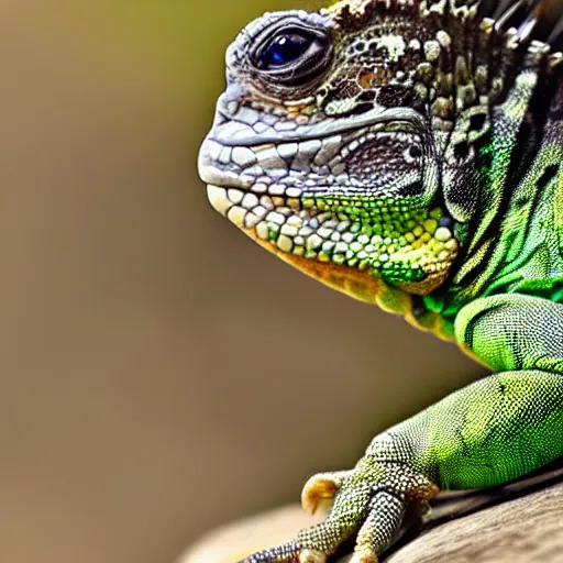 Prompt: close up of a fiji banded iguana hybrid