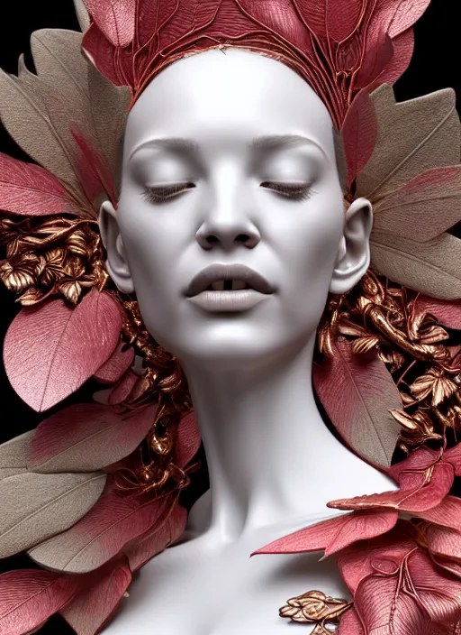 Image similar to complex 3d render ultra detailed of a beautiful porcelain profile woman face, mechanical vegetal cyborg, 150 mm, beautiful studio soft light, spot light, rim light, silver gold red details, luxurious, magnolia big filigran leaves and stems, roots, Alexander Mcqueen haute couture, fine foliage lace, mesh wire, filigran metallic intricate details, hyperrealistic, mandelbrot fractal, anatomical, silver metal armor, facial muscles, cable wires, microchip, elegant, white background, beautiful white teeth, octane render, H.R. Giger style, 8k