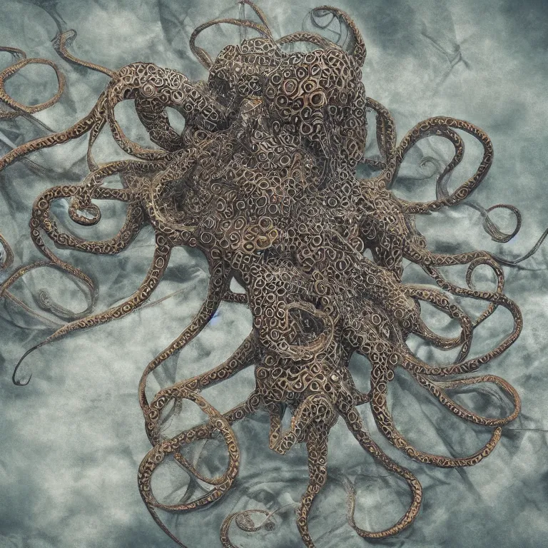 Image similar to a dramatic and beautiful digital matte painting of large realistic octopus with legs made of fractal celtic knots, trending on cgartist, hi-fructose, mandala, ultra detailed 8k