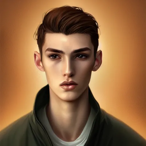 Image similar to 22 year old boy with brown blond short quiff hair and thin slightly round facial structure with cleft chin, bumpy nose, good definition of cheekbones, Alert brown eyes, narrow face, slim body, atmospheric lighting, painted, intricate, 4k, highly detailed by Charlie Bowater