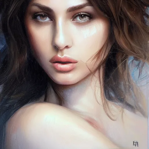 Image similar to beautiful portrait face centre oil on canvas of brunette with wavy hair Ebru Şahin, Reyyan, intricate, elegant, highly detailed, artstation, concept art, sharp focus, art by Alina Ivanchenko, Rob Ross, WLUP, artgerm