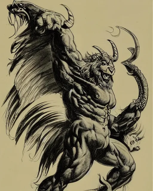 Image similar to a creature with the body and eyes of a man, with the beak of an eagle, the mane of a lion, and the horns of an ox. drawn by frank frazetta