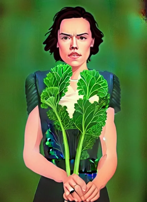 Image similar to portrait of daisy ridley as kale!!!!!!