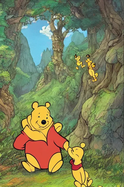 Prompt: “ a fusion of the many adventures of winnie the pooh background art and nausicaa of the valley of the wind background art ”