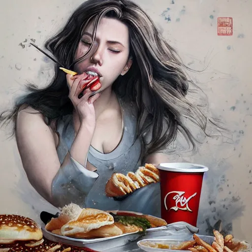 Prompt: dynamic composition, motion, ultra-detailed, incredibly detailed, a lot of details, amazing fine details and brush strokes, colorful and grayish palette, smooth, HD semirealistic anime CG concept art digital painting, watercolor oil painting of Scarlett Johansson eating a big mac, by a Chinese artist at ArtStation, by Huang Guangjian, Fenghua Zhong, Ruan Jia, Xin Jin and Wei Chang. Realistic artwork of a Chinese videogame, gradients, gentle an harmonic grayish colors