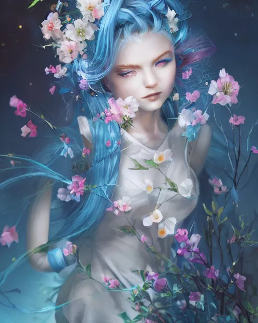 Prompt: kind cyborg girl with flowers, elegant, scifi, futuristic, utopia, garden, colorful, long white hair, technology, vibrant, dreamy, illustration, atmosphere, top lighting, blue eyes, focused, artstation, highly detailed, art by yuhong ding and chengwei pan and serafleur and ina wong