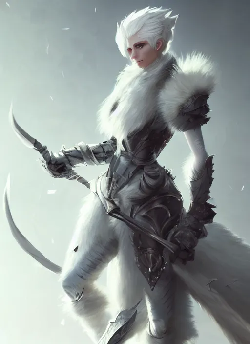 Image similar to fur - lined armor!!! beautiful and elegant white haired female!! gorgeous ayes!! character concept art, sharp focus, octane render! unreal engine 5! highly rendered!! trending on artstation!! detailed linework!! illustration by bussiere rutkowski andreas rocha