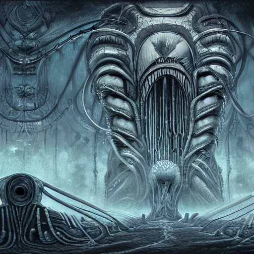 Prompt: An alien invasion in the style of H.R. Giger, inspired by Lovecraft, detailed by Noah Bradley, HD, full resolution, 8k texture