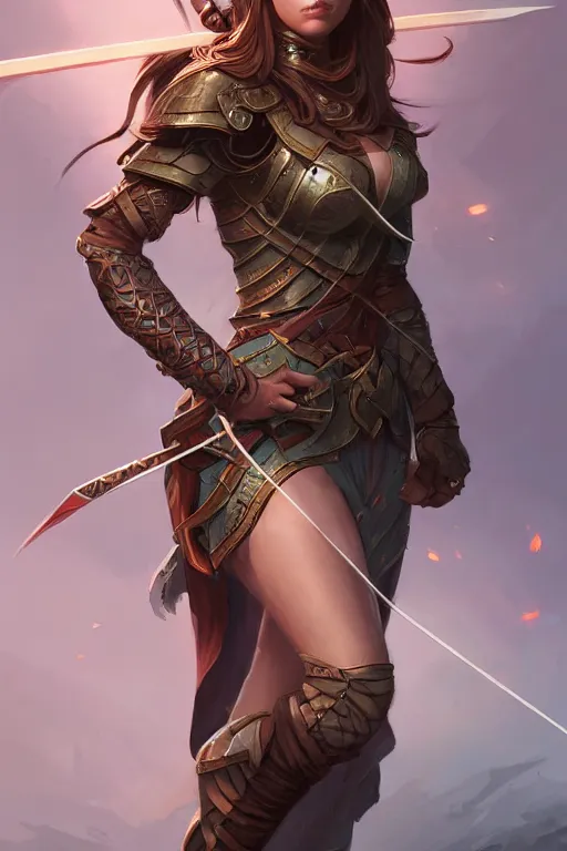 Image similar to beautiful female archer, full body shot, long hair, d & d, fantasy, intricate, elegant, highly detailed, digital painting, artstation, concept art, matte, sharp focus, illustration, hearthstone, art by artgerm and greg rutkowski and alphonse mucha