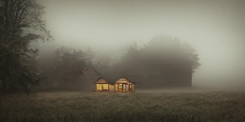 Prompt: a landscape, fog, mist, high wooden house with neon sign, a man with the head of a raven at the door, ultra-realistic