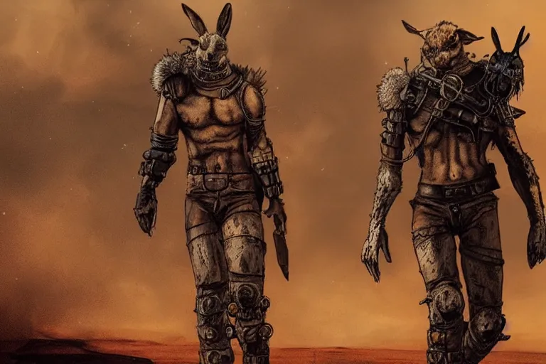 Image similar to a good ol'jackrabbit fursona ( from the furry fandom ), heavily armed and armored facing down armageddon in a dark and gritty version from the makers of mad max : fury road. witness me.