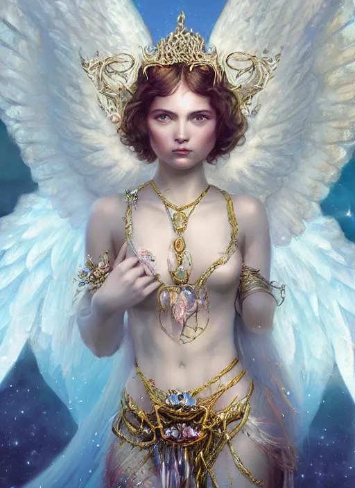 Image similar to A beautiful digital painting of a female angel full of jewels, princess, the moon behind her, intricate, cinematic lighting, highly detailed, digital painting, Artstation, concept art, smooth, sharp focus, illustration, art by Tom Bagshaw, Artgerm and Greg Rutkowski