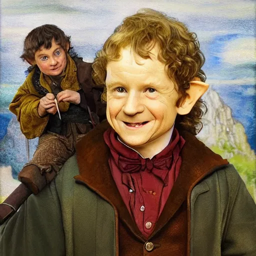 Image similar to bilbo baggins gets on instagram, realistic oil painting, style of norman rockwell, 8 k, super sharp, ultra detail, rule of thirds.